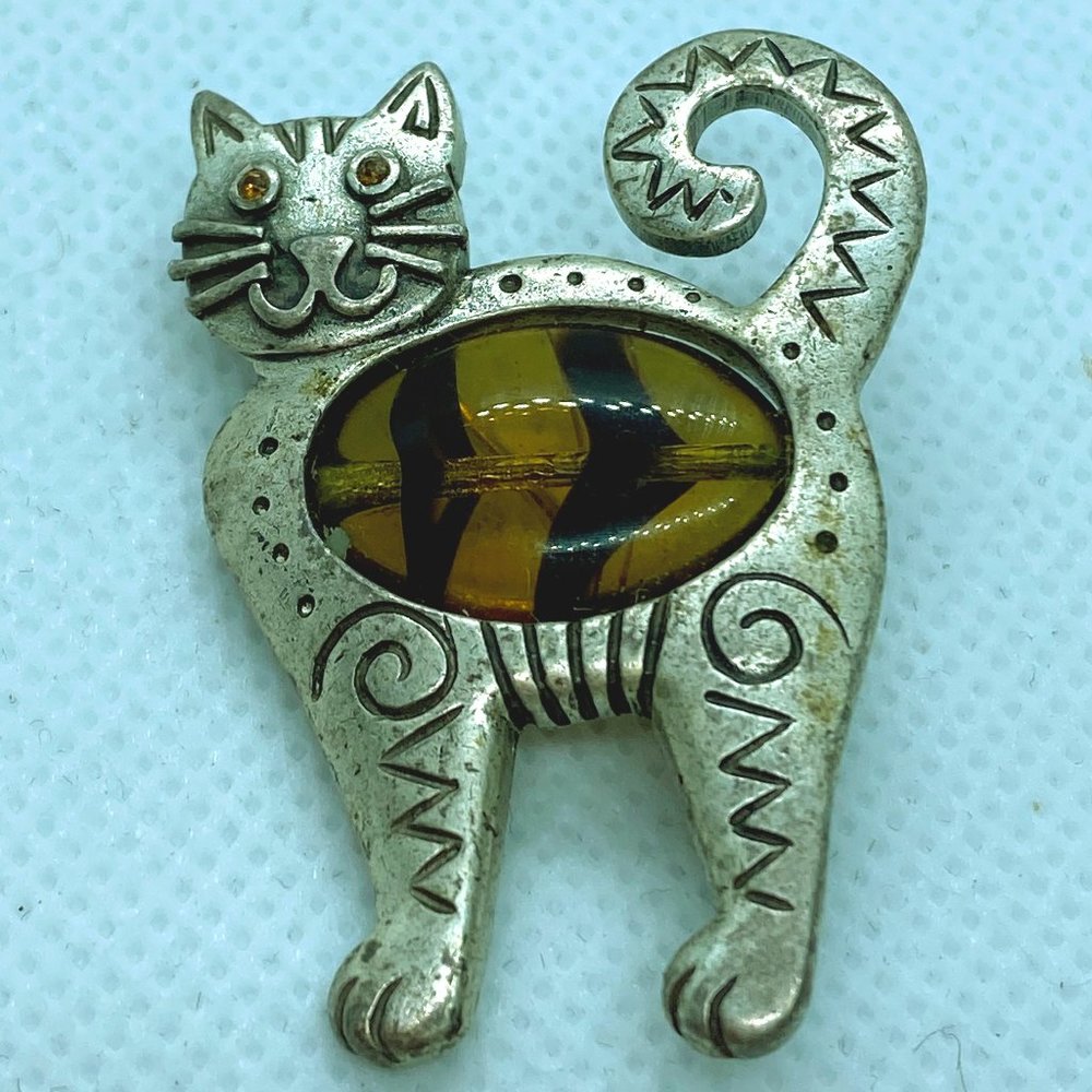 Womens Silver & Topaz like art deco Cat Brooch Pin